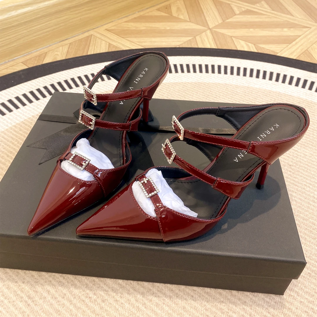 2025春夏新款酒红色尖头高跟鞋女细跟包头凉鞋