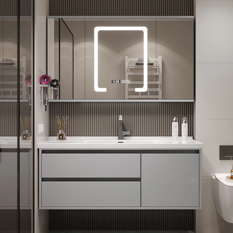 橡木推拉折叠隐藏风水镜奶油风智能浴室柜组合陶瓷一体盆洗手盆