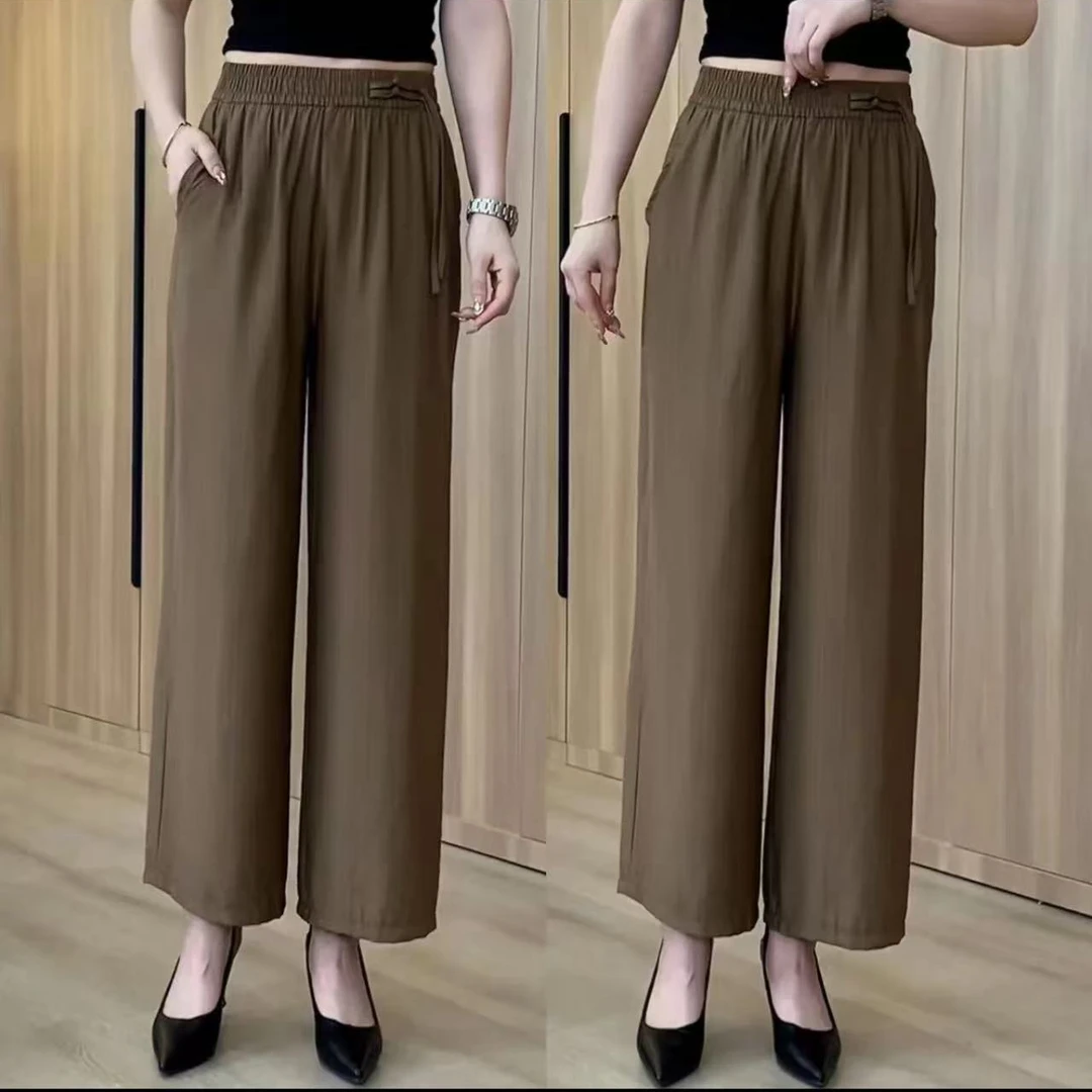 夏季新款宽松显瘦妈妈裤高腰设计透气九分阔腿裤女士休闲聚酯纤维