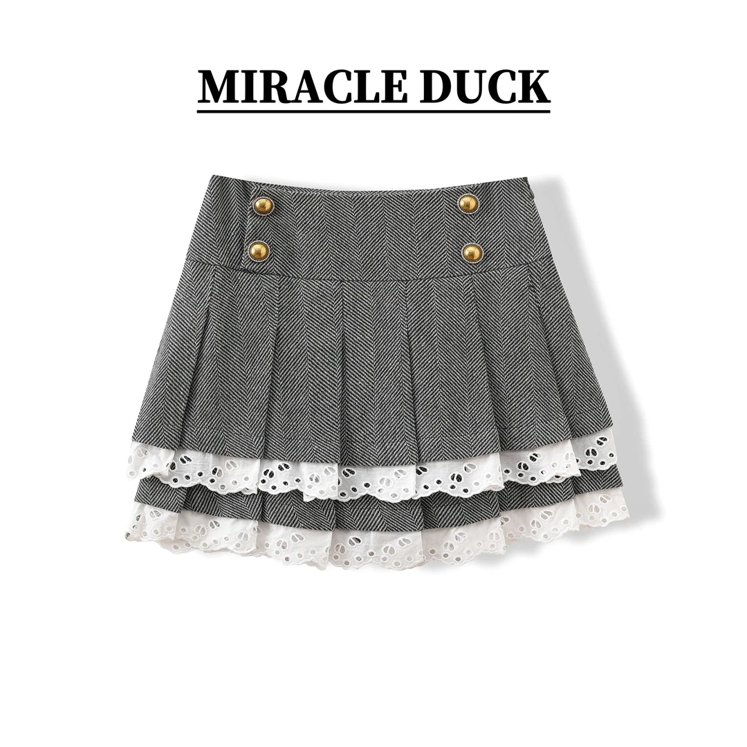 8号【心动旋律】秋冬气质休闲高腰灰色蕾丝拼接百褶短裙C696-2