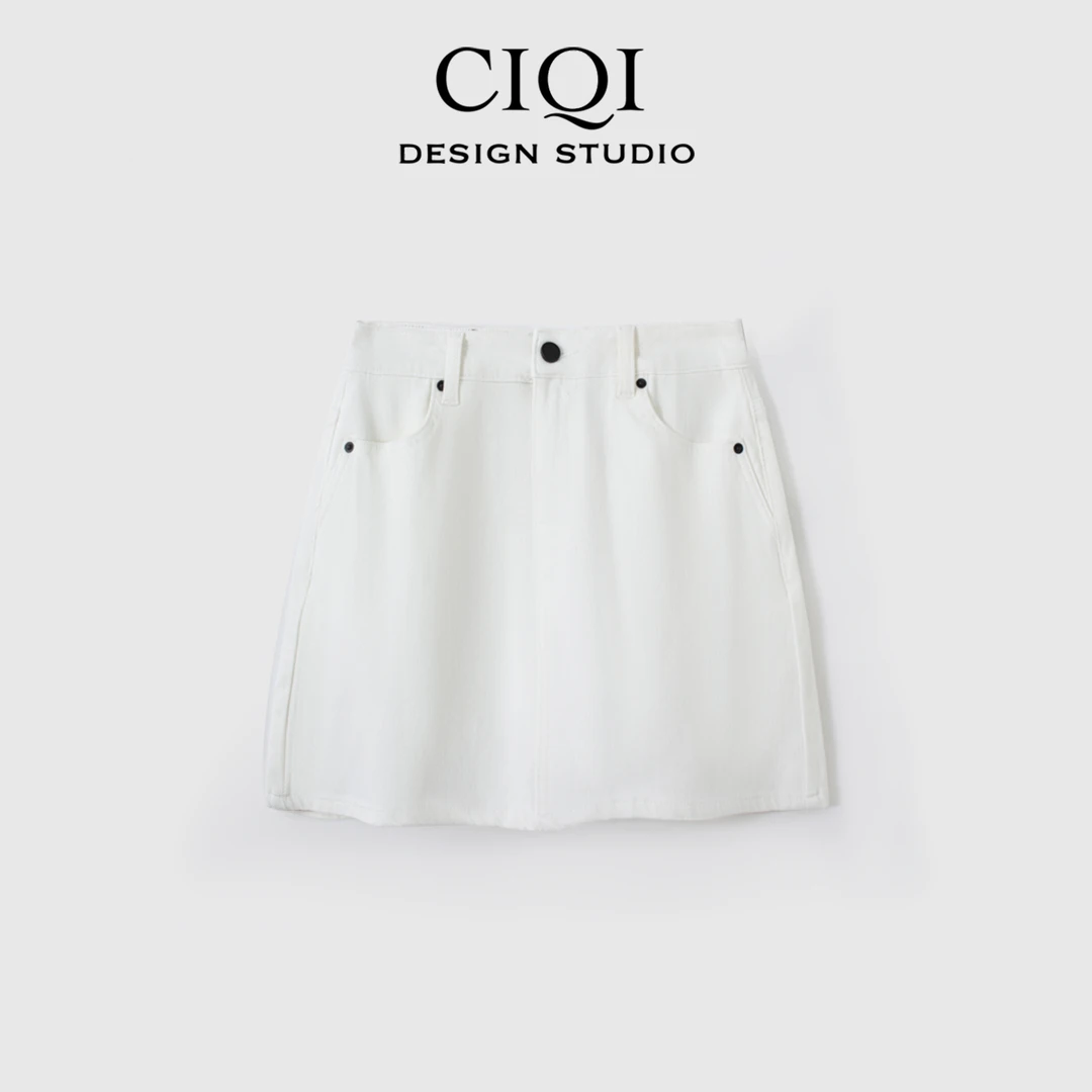 CIQI STUDIO 夏季四面弹防走光高腰气质通勤白色牛仔短裙A1089