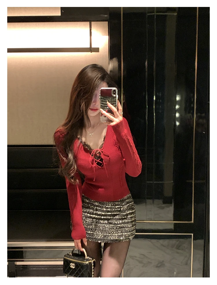 纯欲风性感蕾丝吊带背心系带长袖毛衣针织衫辣妹显瘦亮片包臀短裙