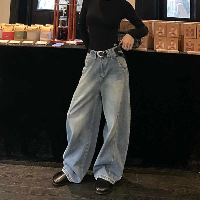 美式复古弯刀设计感牛仔裤女秋季新款低腰宽松水洗垂感阔腿裤子