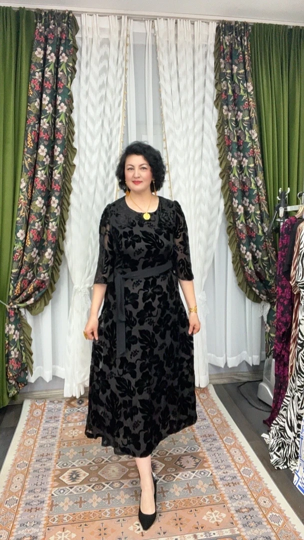 圆领时尚气质夏季中腰七分袖长裙提花连衣裙印花网红女装裙子