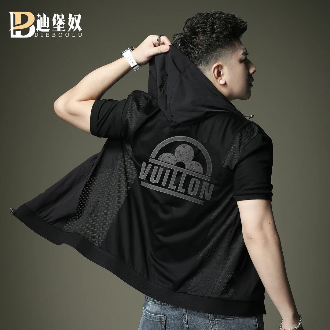 欧货2025新款半花字母印花连帽开衫t恤男潮牌夏季休闲凉感T恤半袖