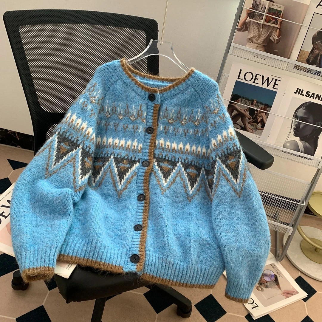 费尔岛复古提花针织外套女秋冬外穿毛衫2025新款宽松慵懒毛衣开衫