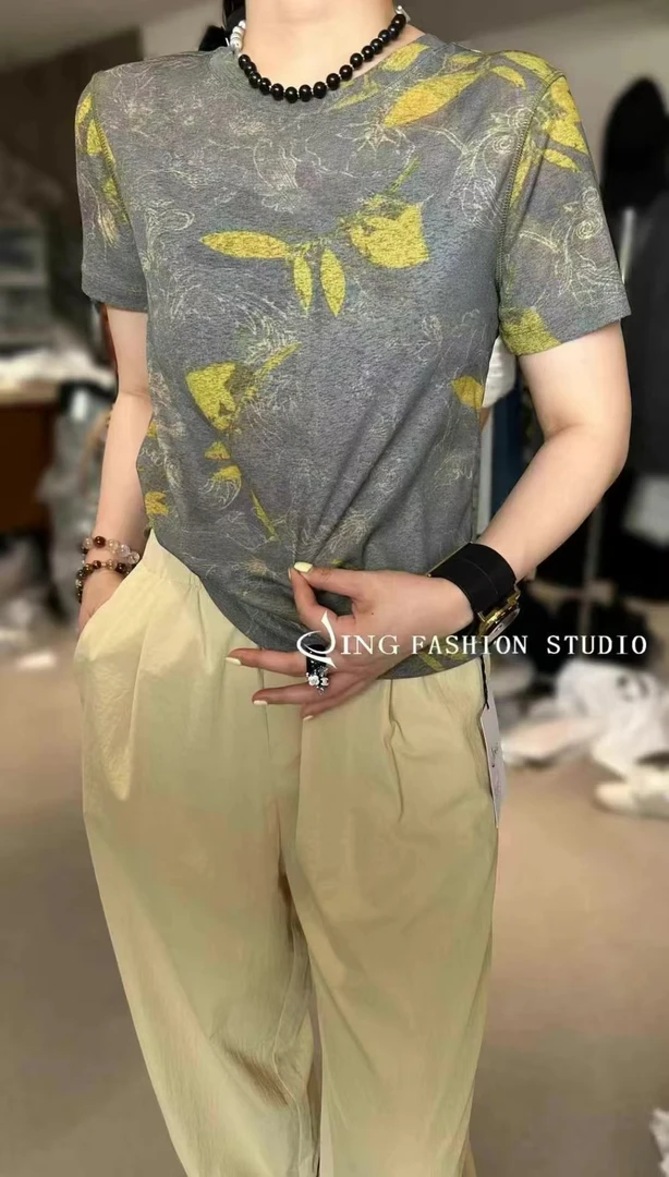 JING2025夏季高级印花T673时尚潮流小衫休闲短袖女装打底圆领上衣