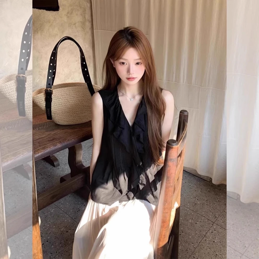 法式小资荷叶领黑色无袖衬衫背心女设计感2025夏新款独特漂亮上衣