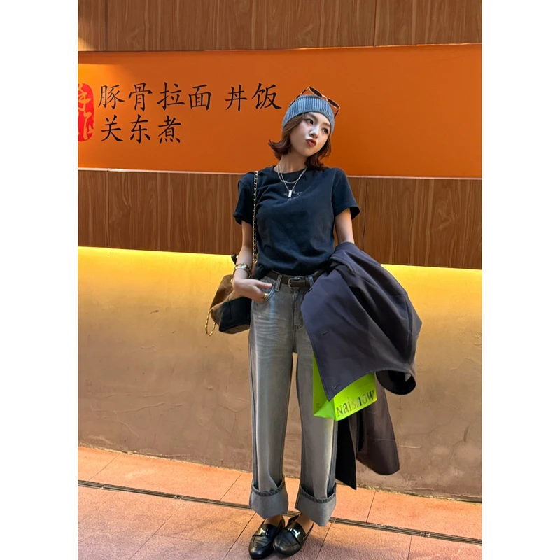 【娇娇私服定制】新款百搭高腰直筒牛仔裤(裤长92)82061#
