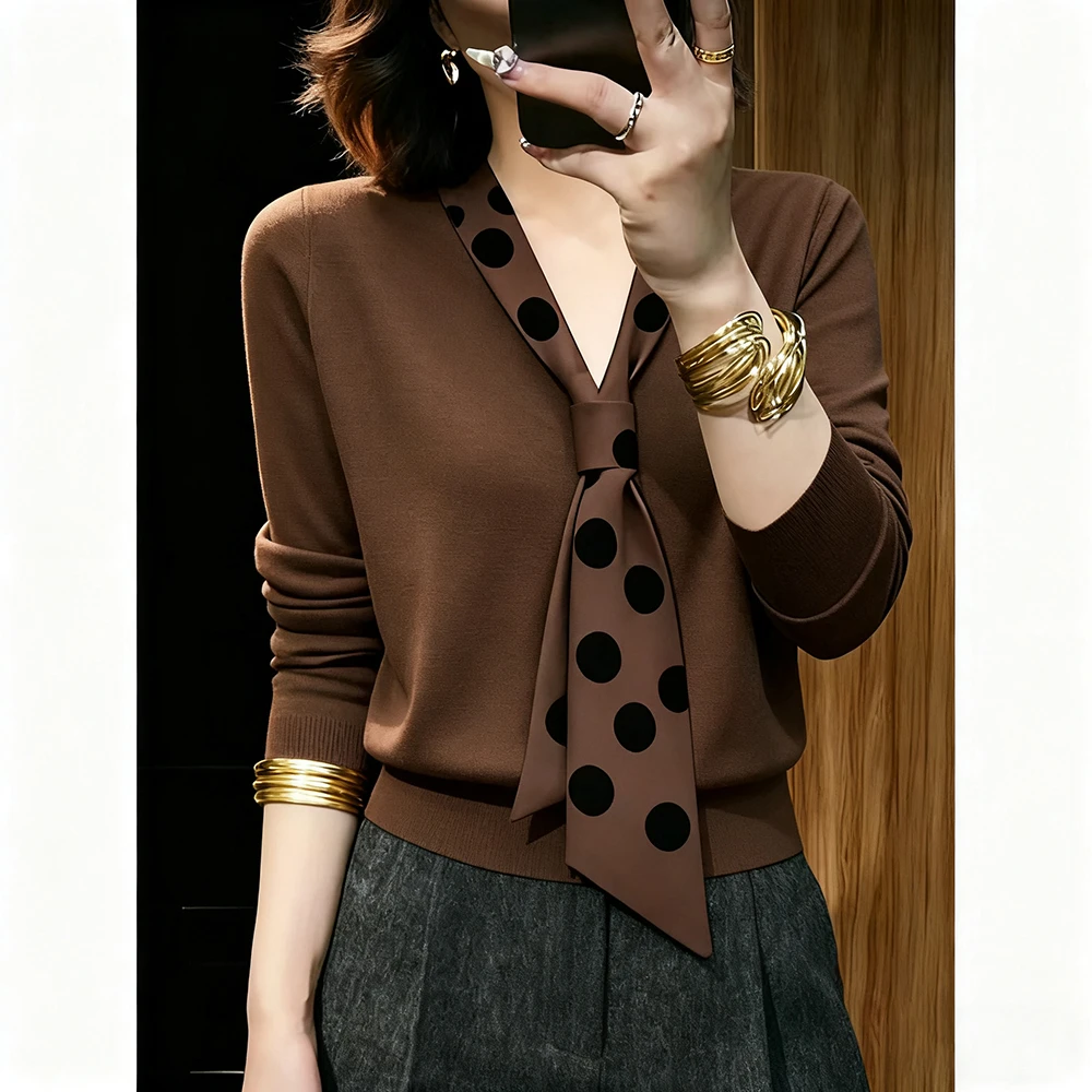 飘带领咖色针织衫女士2025秋冬新款高级感修身显瘦打底衫波点上衣