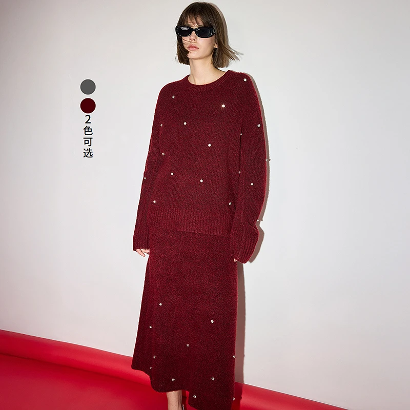 LILY冬新款雅丹风手工钉钻松紧腰百搭女装针织半身裙124419V6922