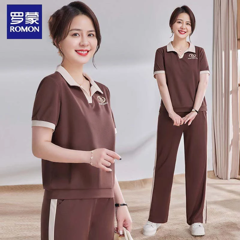 罗蒙妈妈夏装2025新款套装短袖上衣中老年女夏季休闲运动服两件套