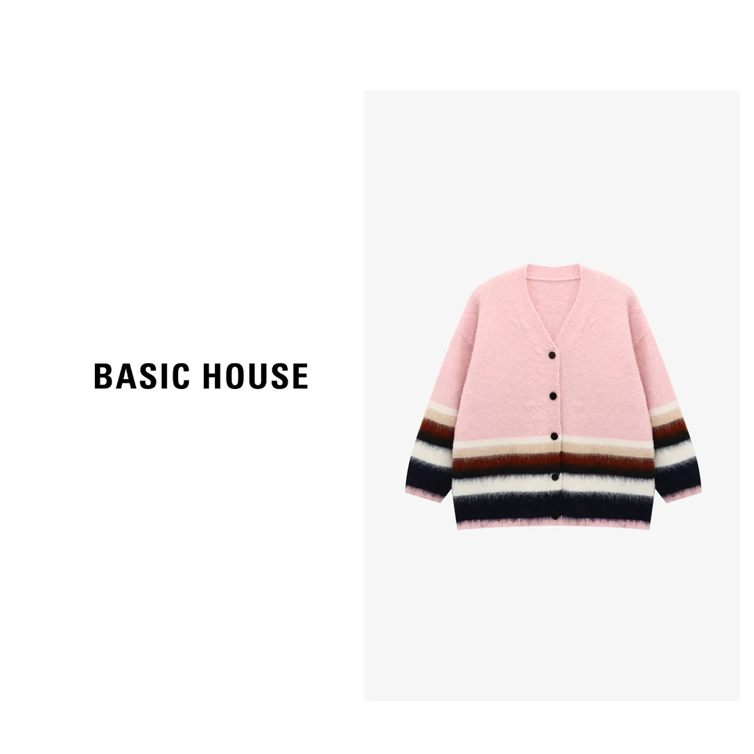 Basic House/百家好秋季撞色条纹甜美休闲针织毛衣-B0625B5NYG2
