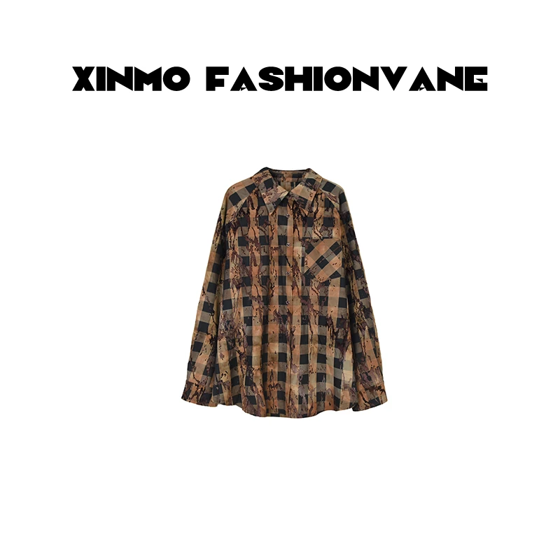 【Ryan石头】2025春装泼墨植绒扎染做旧格纹宽松长袖衬衫C24121604