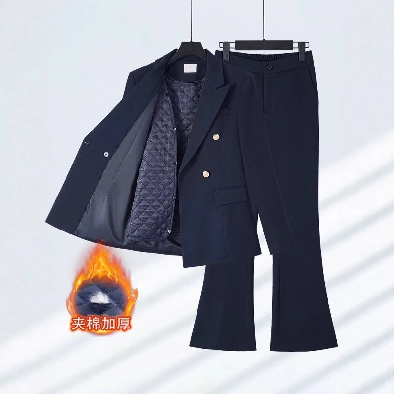 藏青色夹棉西装外套女冬大学生经理面试职业正装加棉加厚西服套装