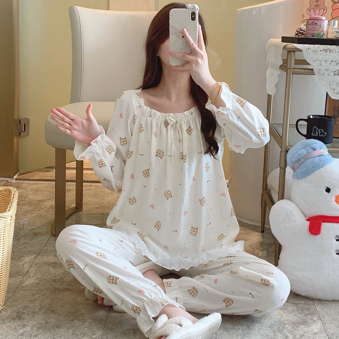 春秋新款长袖长裤睡衣女蕾丝花边夏日季薄款公主风甜美家居服套装