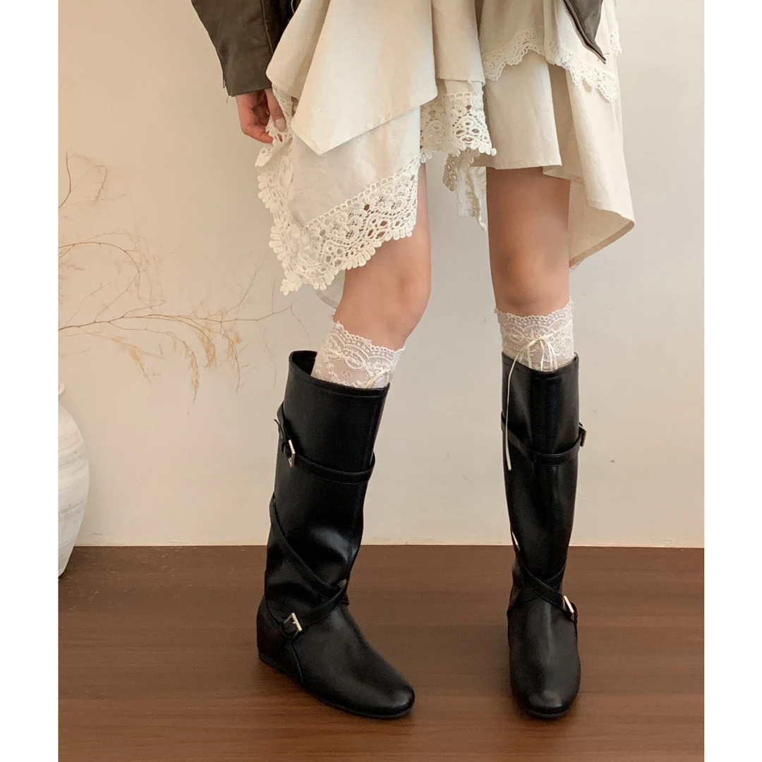 "酷飒韩女"5CM内增高复古皮带扣长靴女秋宽筒骑士靴不过膝机车靴