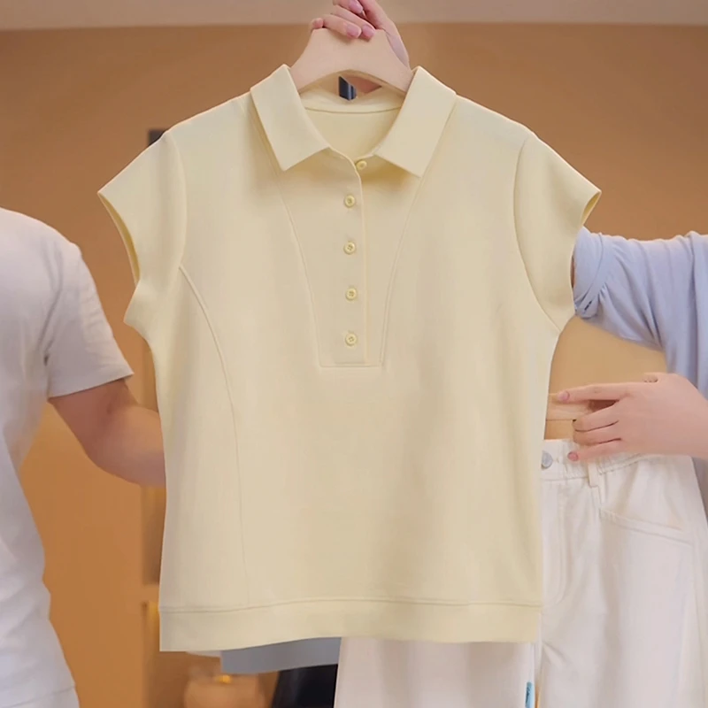 2025夏季新款黄色高级感翻领T恤女正肩POLO衫宽松显瘦减龄上衣