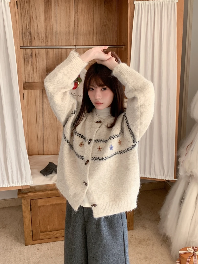 费尔岛毛衣开衫女冬季牛角扣宽松慵懒风森系提花针织衫外套韩版