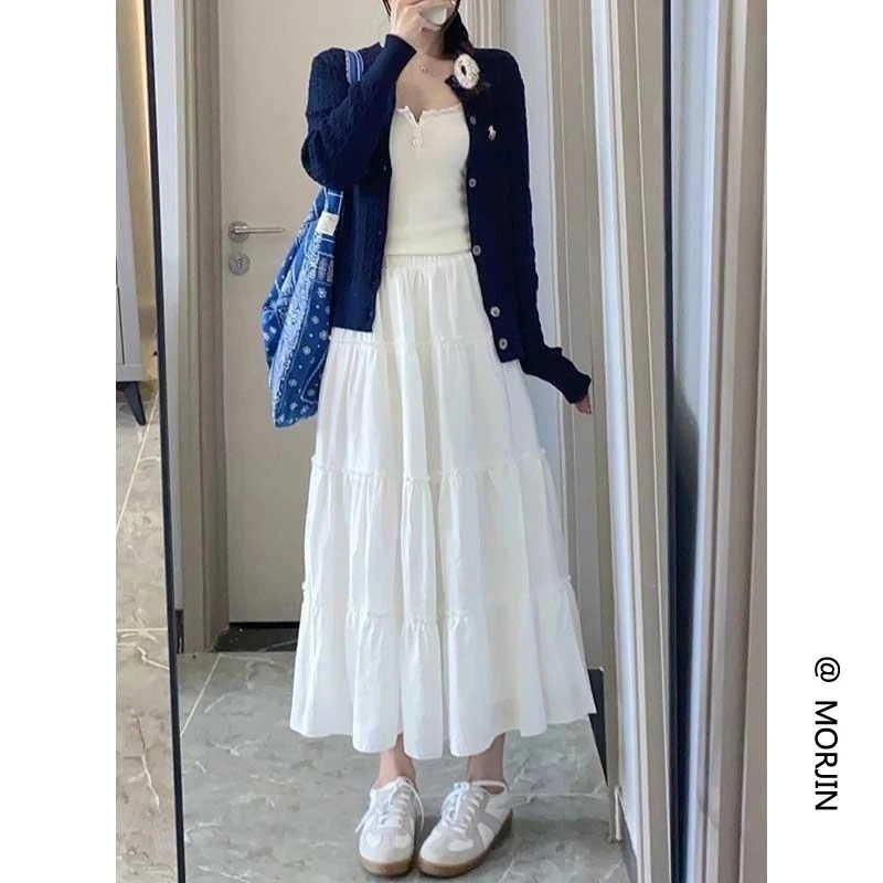 高腰A字长裙拼接半身裙女2025夏季中长款白色蛋糕裙温柔花边伞裙
