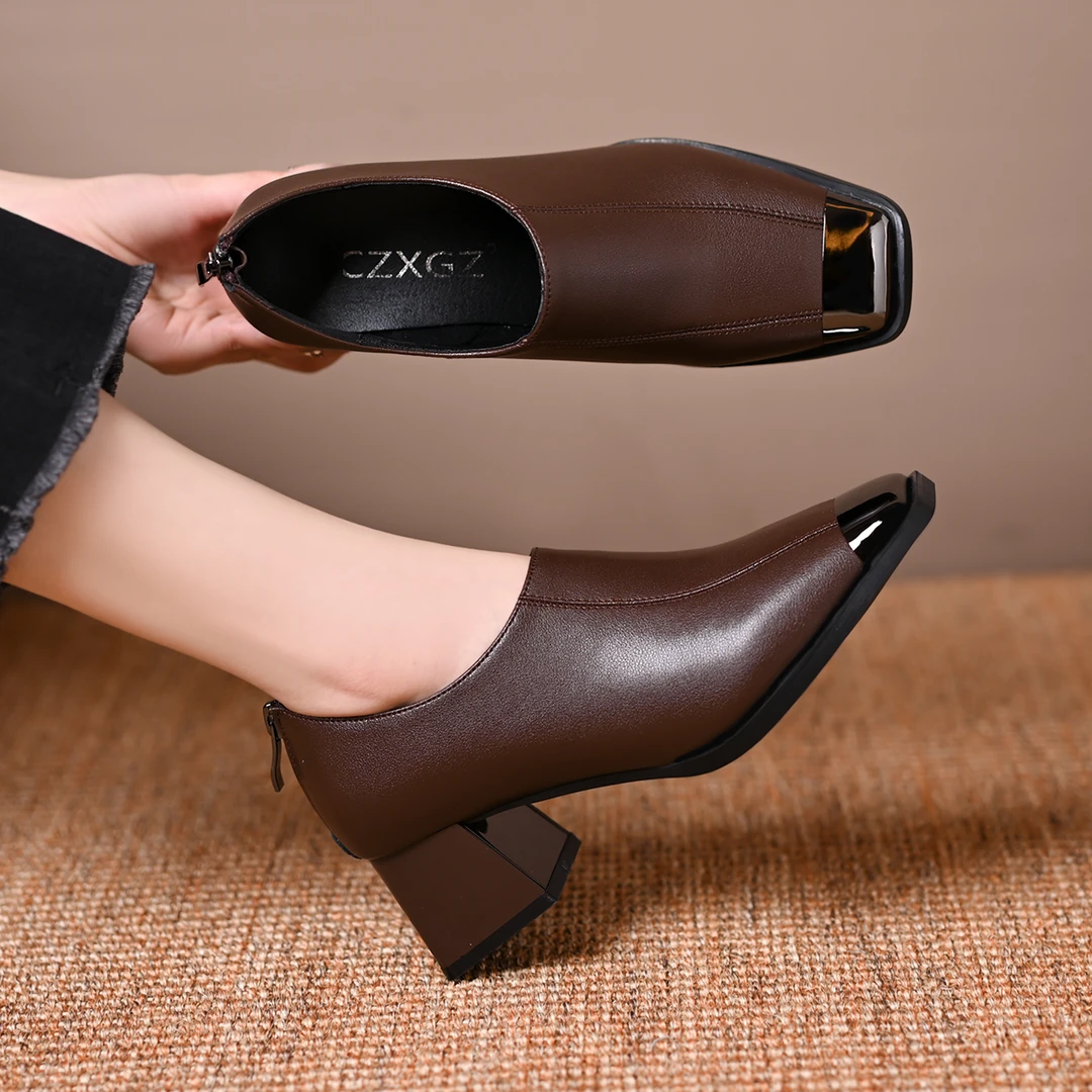 2025新款法式气质方头高跟鞋女秋冬软皮粗跟深口单鞋春秋款小皮鞋