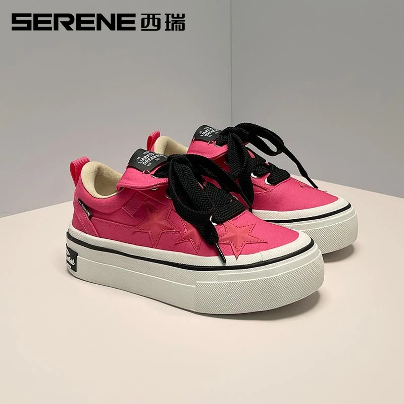 西瑞女鞋玫红色时尚帆布鞋男女同款星星鞋2025秋季厚底增高休闲鞋