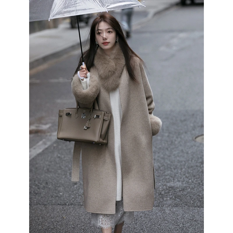 【雪狐】秋冬新款狐狸毛V领双面羊毛毛呢大衣女中长款气质显瘦外套