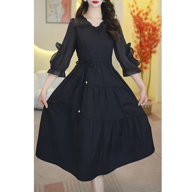 L7245法式时尚七分连衣裙2025新款夏季气质收腰显瘦中长款裙子