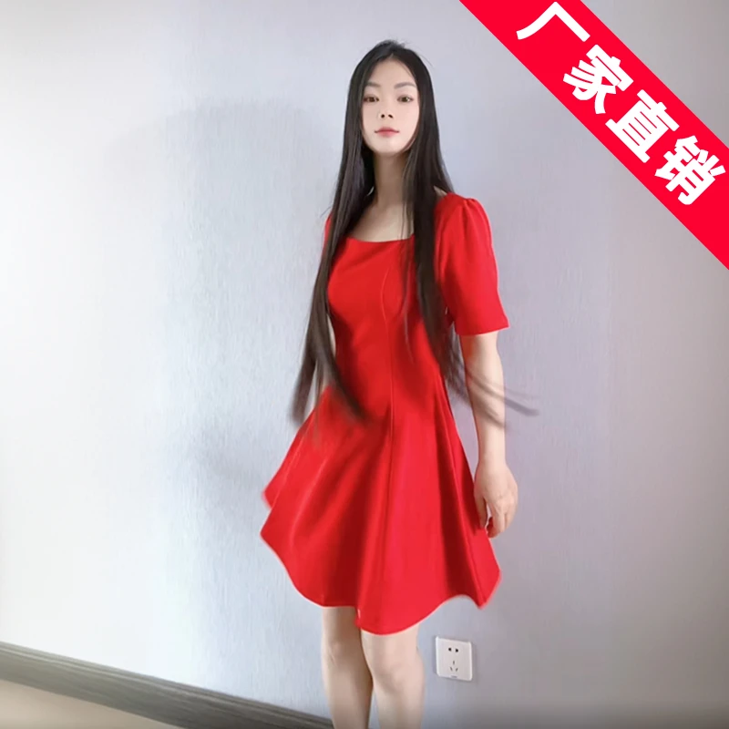 泡泡袖夏季新款舒适微弹连衣裙A字显瘦遮肚显身材伞裙蓬蓬裙红色