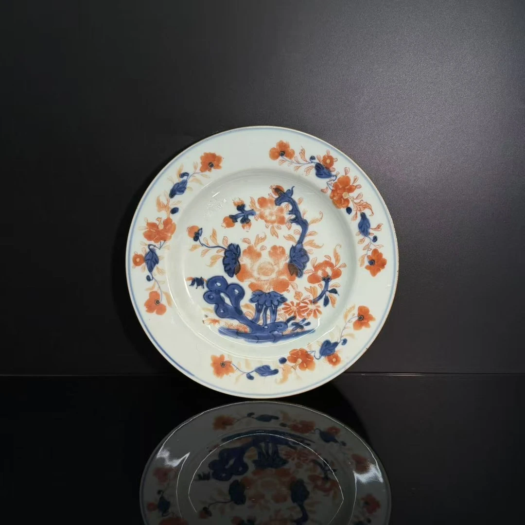 Lot3矾红描金花卉纹盘-清代年款直径23cm-YC10290020001038