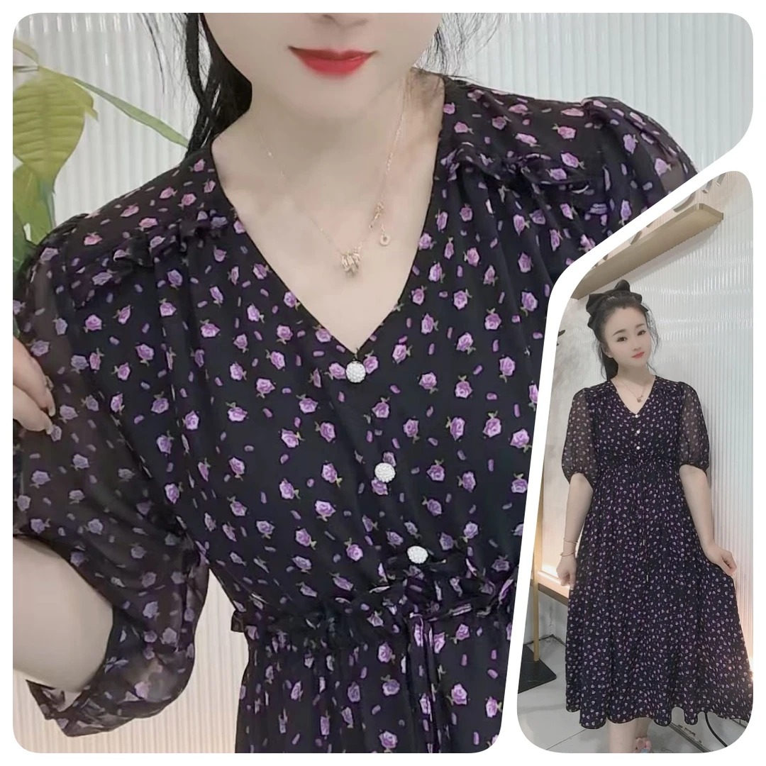 【婉婷服饰】25A40连衣裙紫花夏季无口袋女装单层琉璃双绉-裙长110