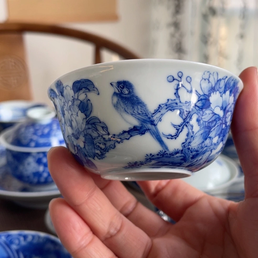 青花花鸟杯杯杯微微瑕