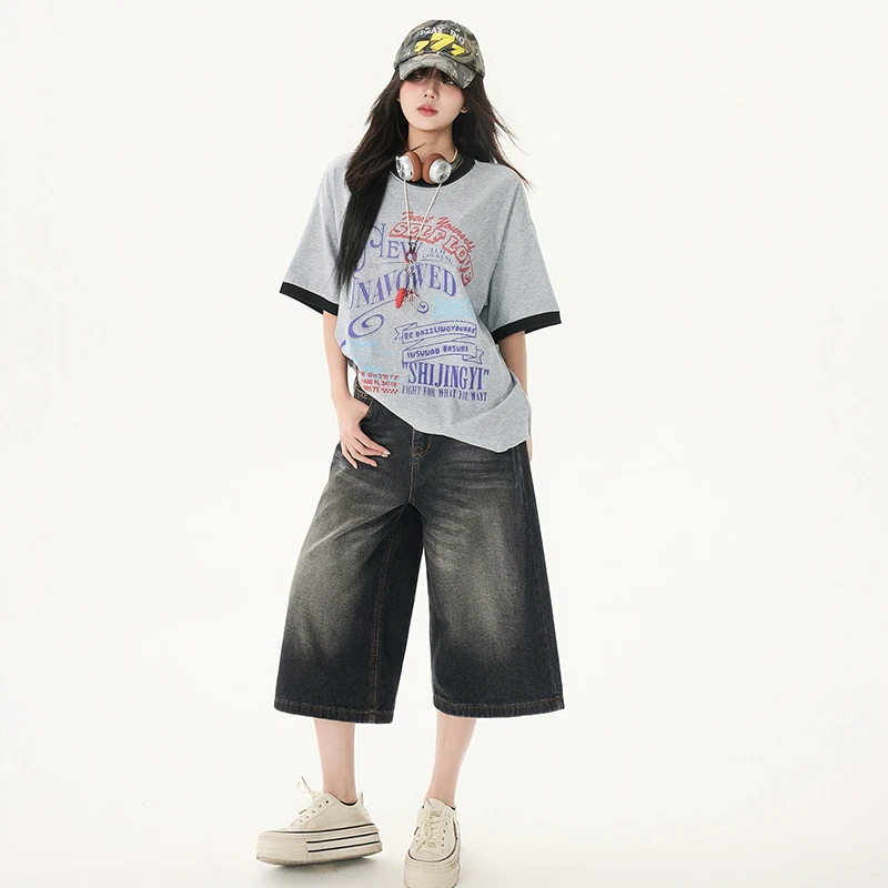 MNVZ夏季新款黑灰色水洗阔腿七分牛仔短裤女美式高腰宽松直筒短裤