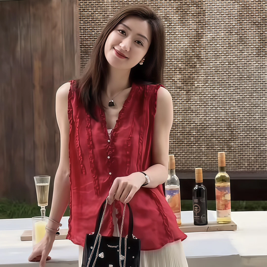 法式时尚气质无袖雪纺衬衫女夏季新款拼接木耳花边背心坎肩薄上衣