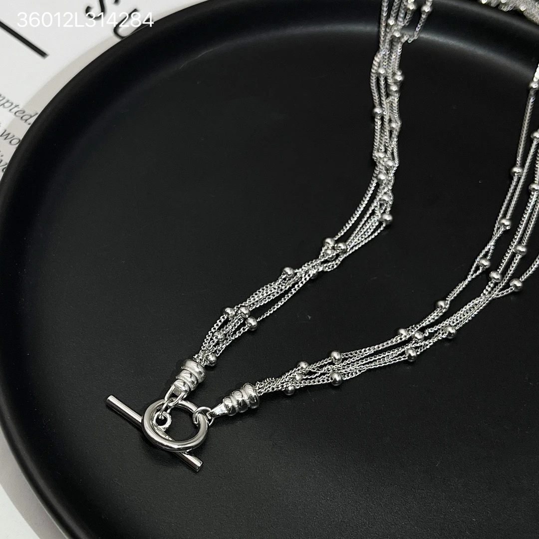 坠链均925银 女OT多层叠戴圆珠毛衣链时尚欧美夸张气质流苏锁骨链