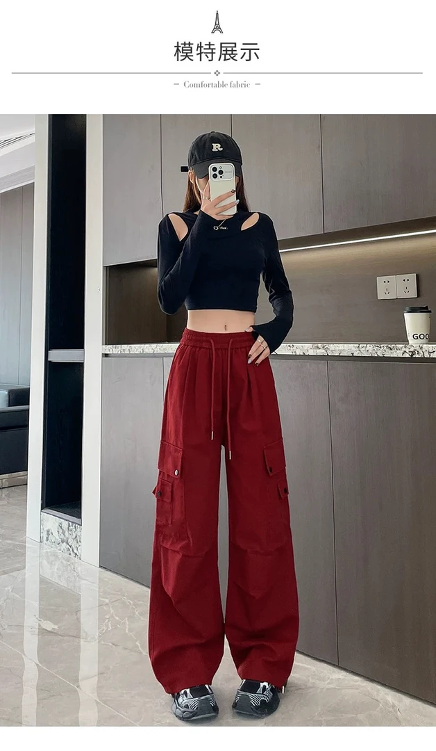 美式酒红色阔腿工装裤女春秋款2025新款宽松束脚登山裤休闲运动裤