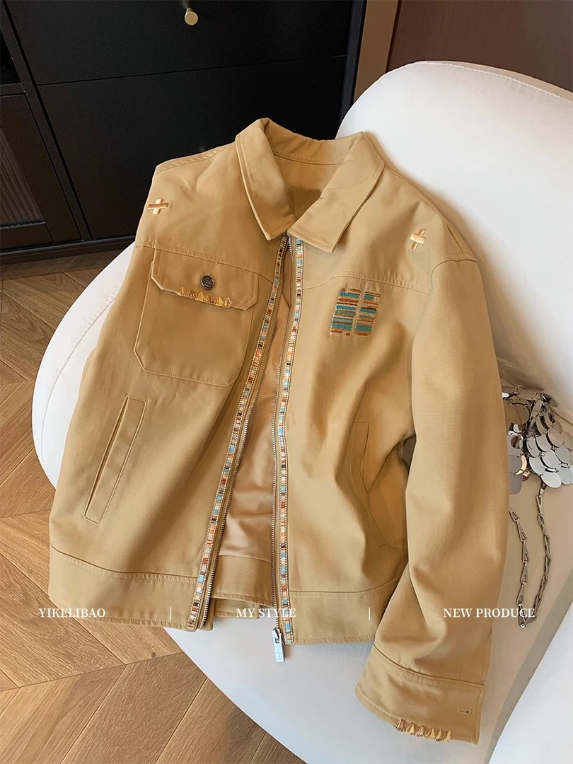卡其色美式钉珠刺绣翻领工装外套女装秋季设计感百搭宽松夹克上衣