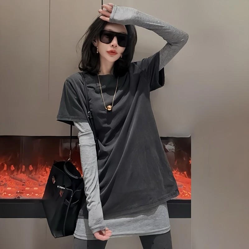 中长款真两件套长袖T恤女春秋2025新款韩版洋气水洗做旧打底衫潮