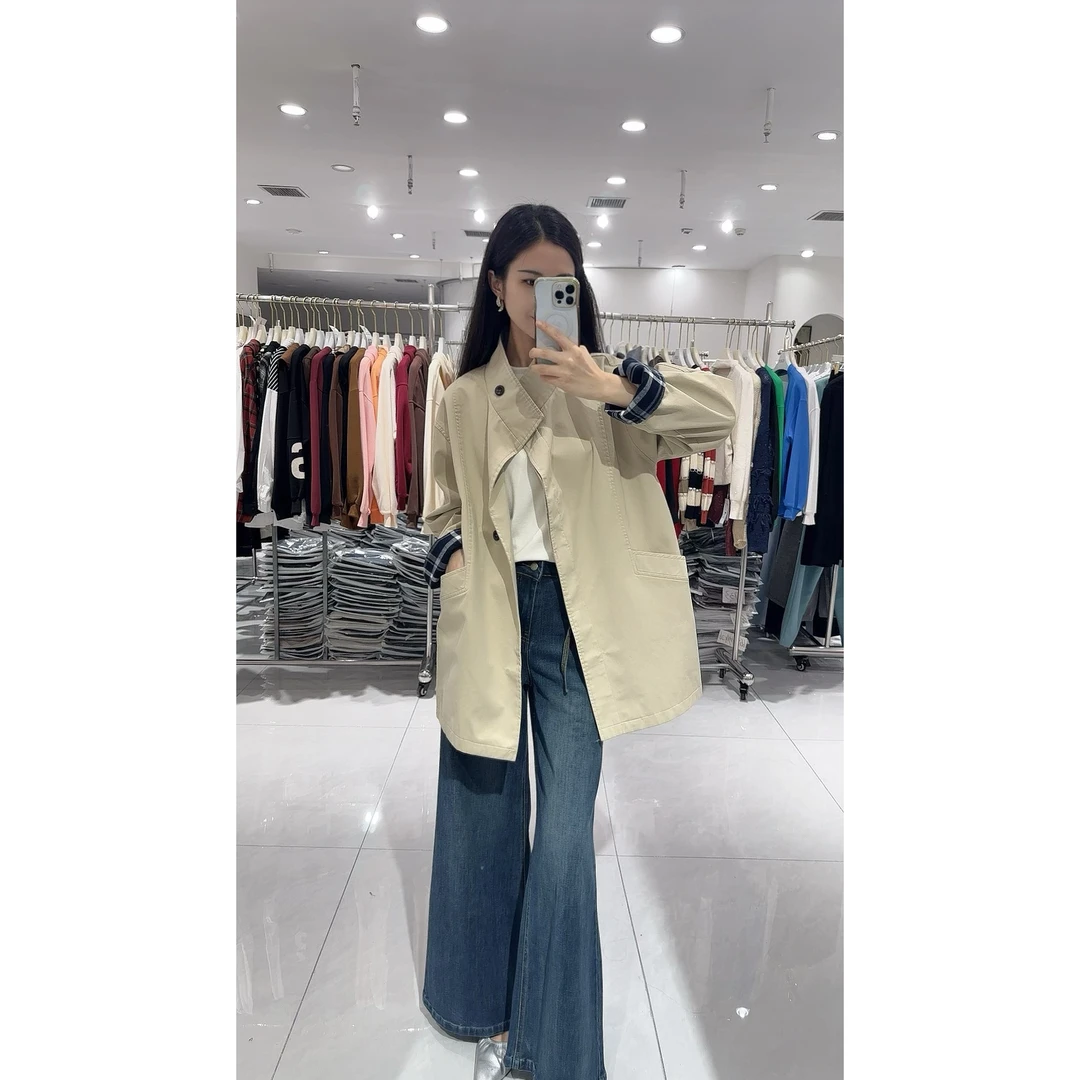 25852中长款风衣立领纯色秋季风衣休闲网红韩版女装