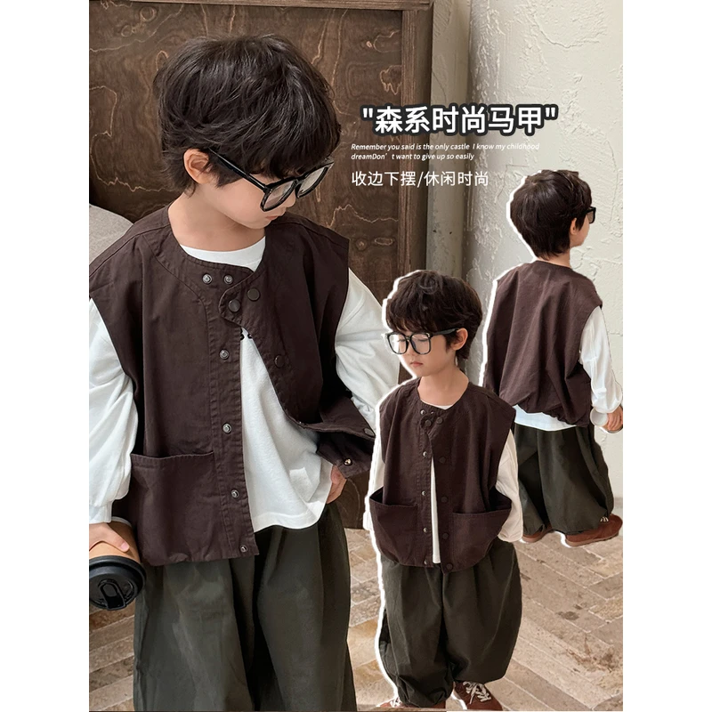 《瀚潮》森系洋气男女童马甲24QL922韩版潮宝大口袋双层马夹