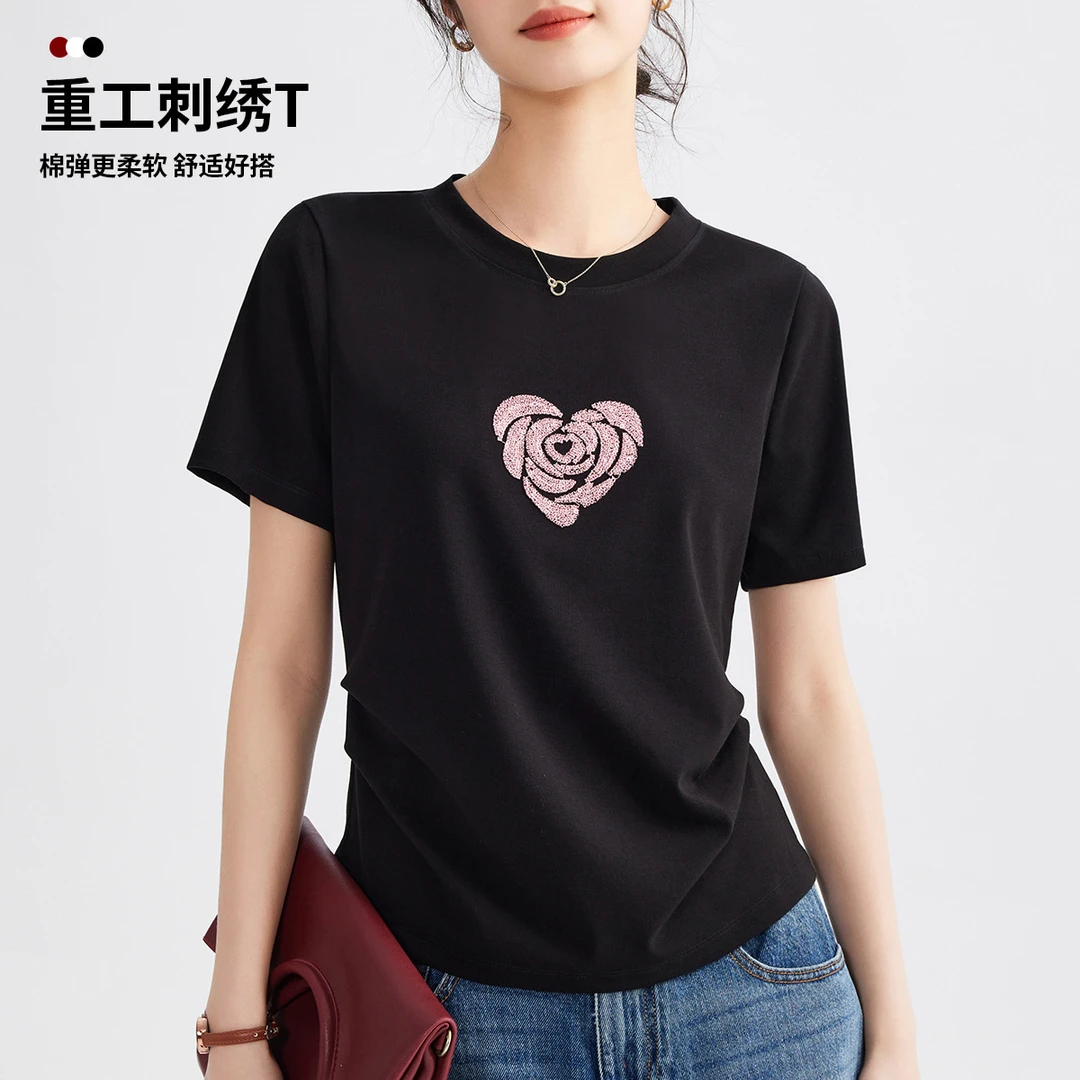 趣味爱心刺绣白t宽松百搭T恤女2025夏季舒适休闲简约圆领短袖上衣