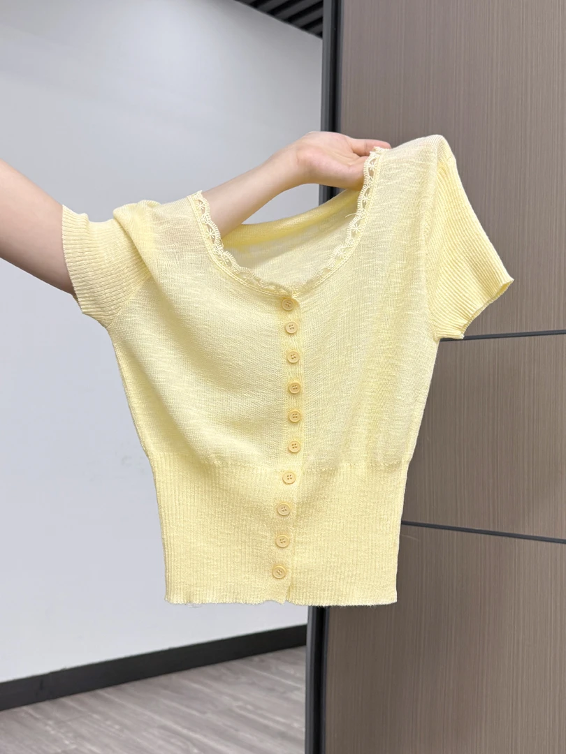 夏季2025新款纯欲木耳边温柔短袖针织T恤减龄修身设计感小众上衣