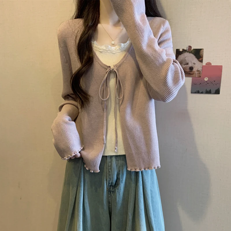 紫色假两件长袖针织衫女秋2025春秋新款温柔风撞色拼接系带上衣