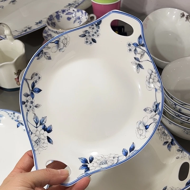 瓷片微瑕骨瓷蓝孔雀7英寸双耳盘一个