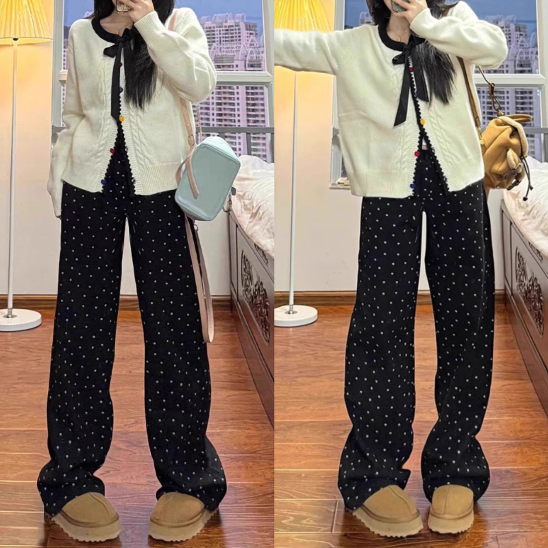 黑色小花点高腰宽松阔腿牛仔裤秋季大码梨型遮胯显瘦碎花直筒裤子