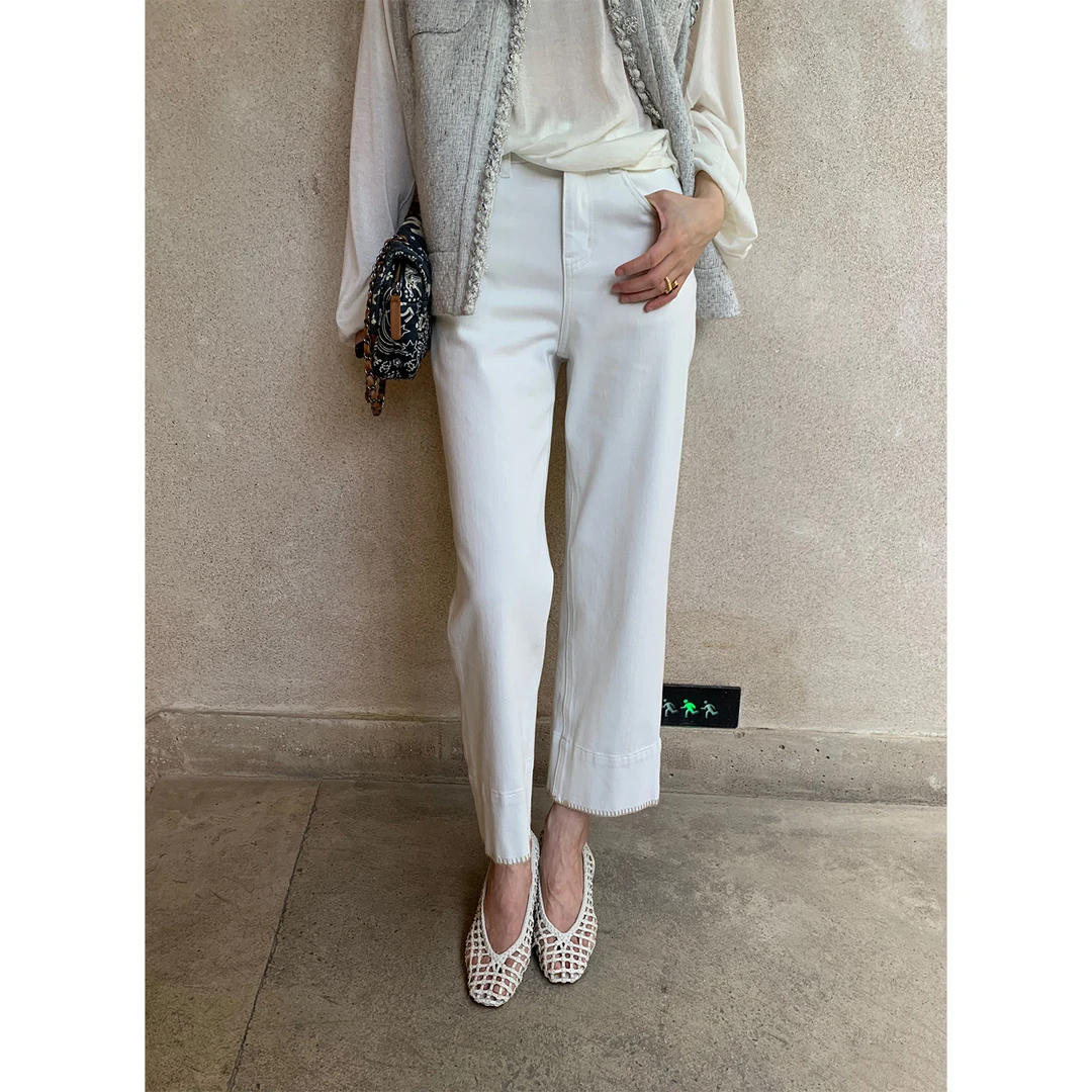 ASM ANNA夏日裤子脚口刺绣直筒九分白色牛仔裤女A255BNZ010