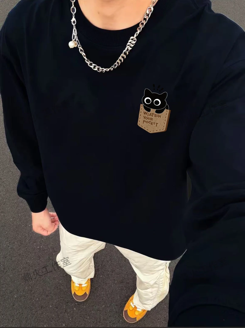 长袖T恤男秋季上衣重磅纯棉潮流简约口袋猫印花时尚宽松百搭T恤男