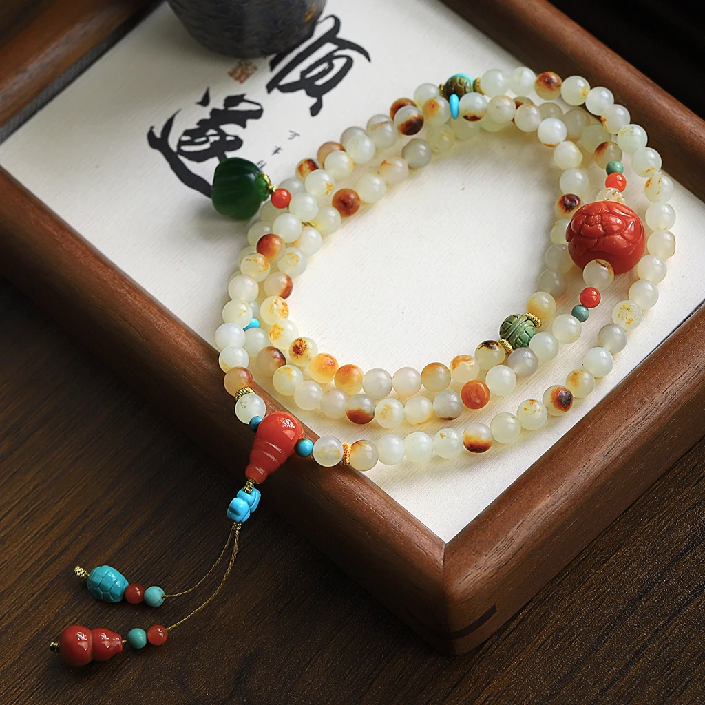 【孤品收藏】新疆和田玉手串多圈108颗6mm带皮籽料圆珠串项链念珠