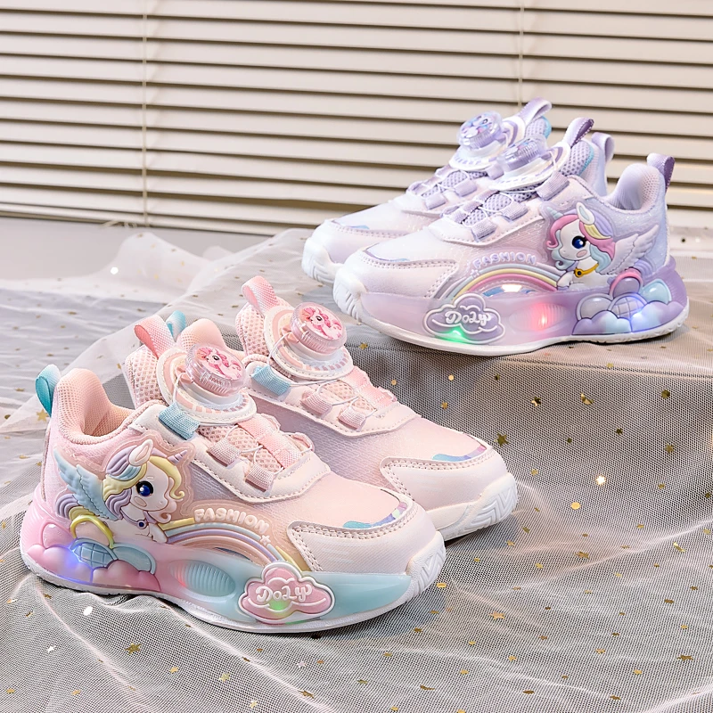 女童运动鞋亮灯2025秋冬新款旋转纽扣网面公主鞋宝宝鞋子儿童棉鞋