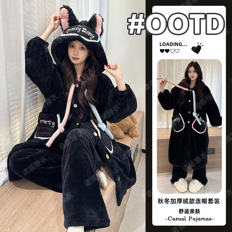 2025冬季爆款长袖卡通连帽加绒加厚保暖长毛绒睡衣家居服套装秋冬